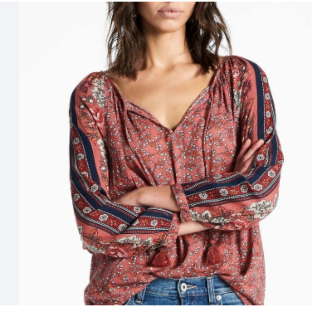 Lucky Brand Top Women's Small Floral Peasant Long Sleeve‎ Blouse V-Neck